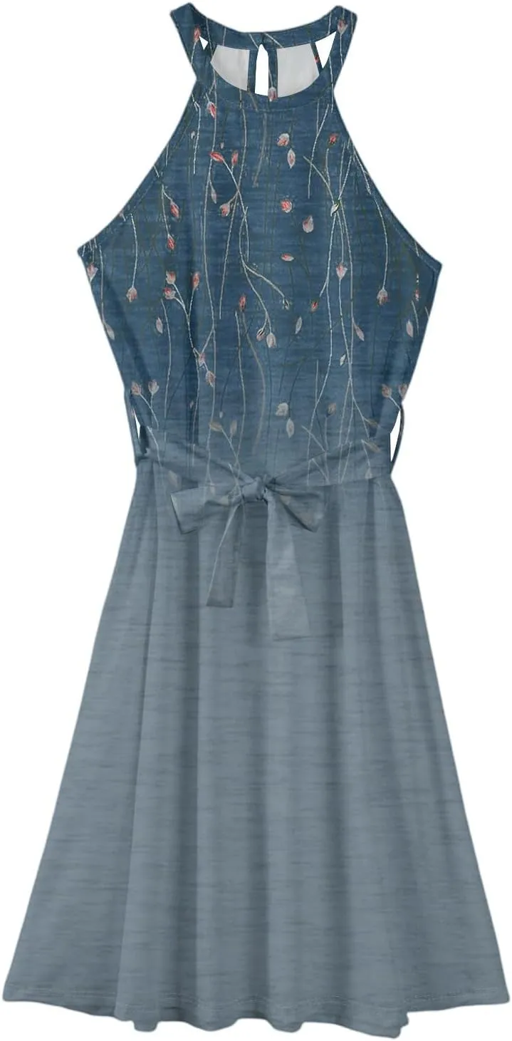 Womens Midi Halter Floral Dresses Casual Summer Tie Empire Waist Sleeveless Frocks Flowy A Line Sundress