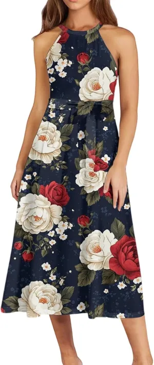 Womens Midi Halter Floral Dresses Casual Summer Tie Empire Waist Sleeveless Frocks Flowy A Line Sundress