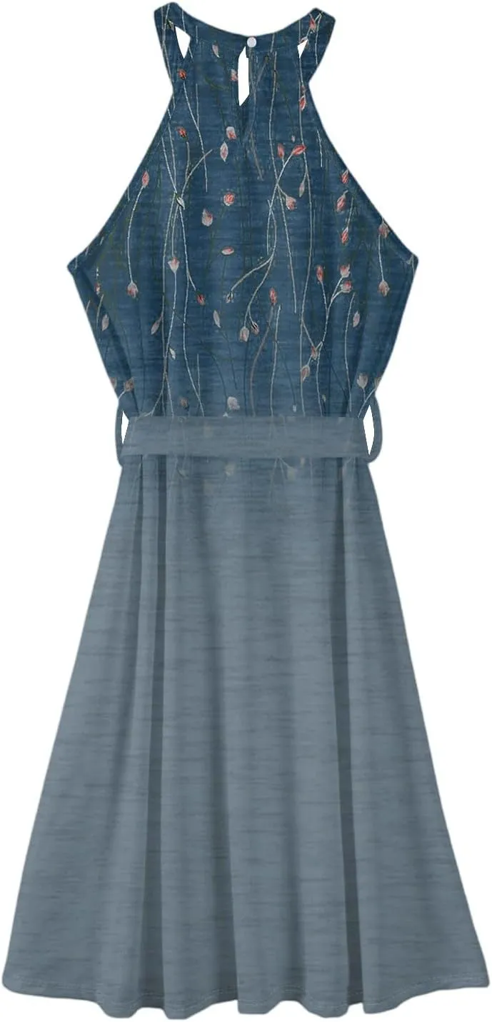 Womens Midi Halter Floral Dresses Casual Summer Tie Empire Waist Sleeveless Frocks Flowy A Line Sundress