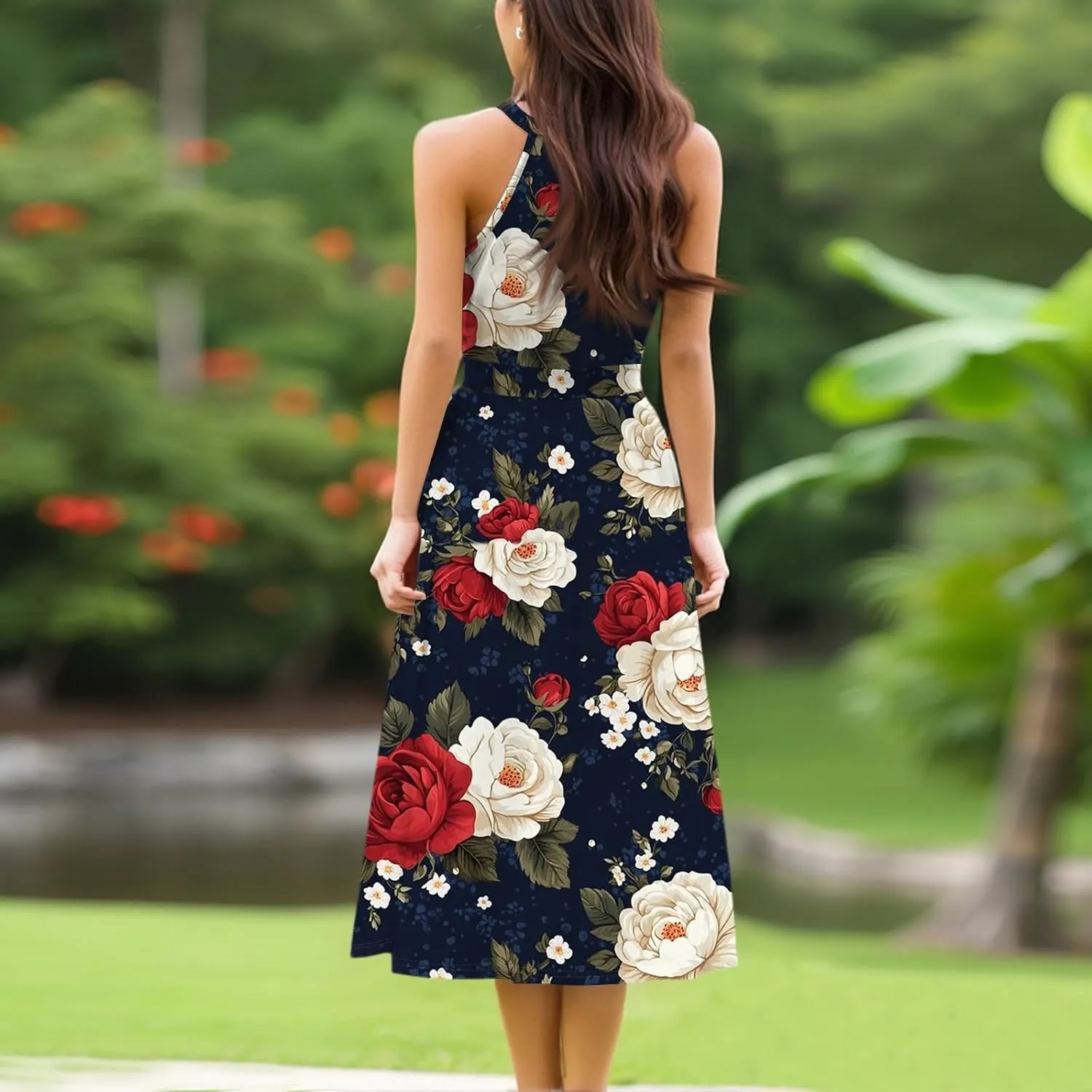 Womens Midi Halter Floral Dresses Casual Summer Tie Empire Waist Sleeveless Frocks Flowy A Line Sundress