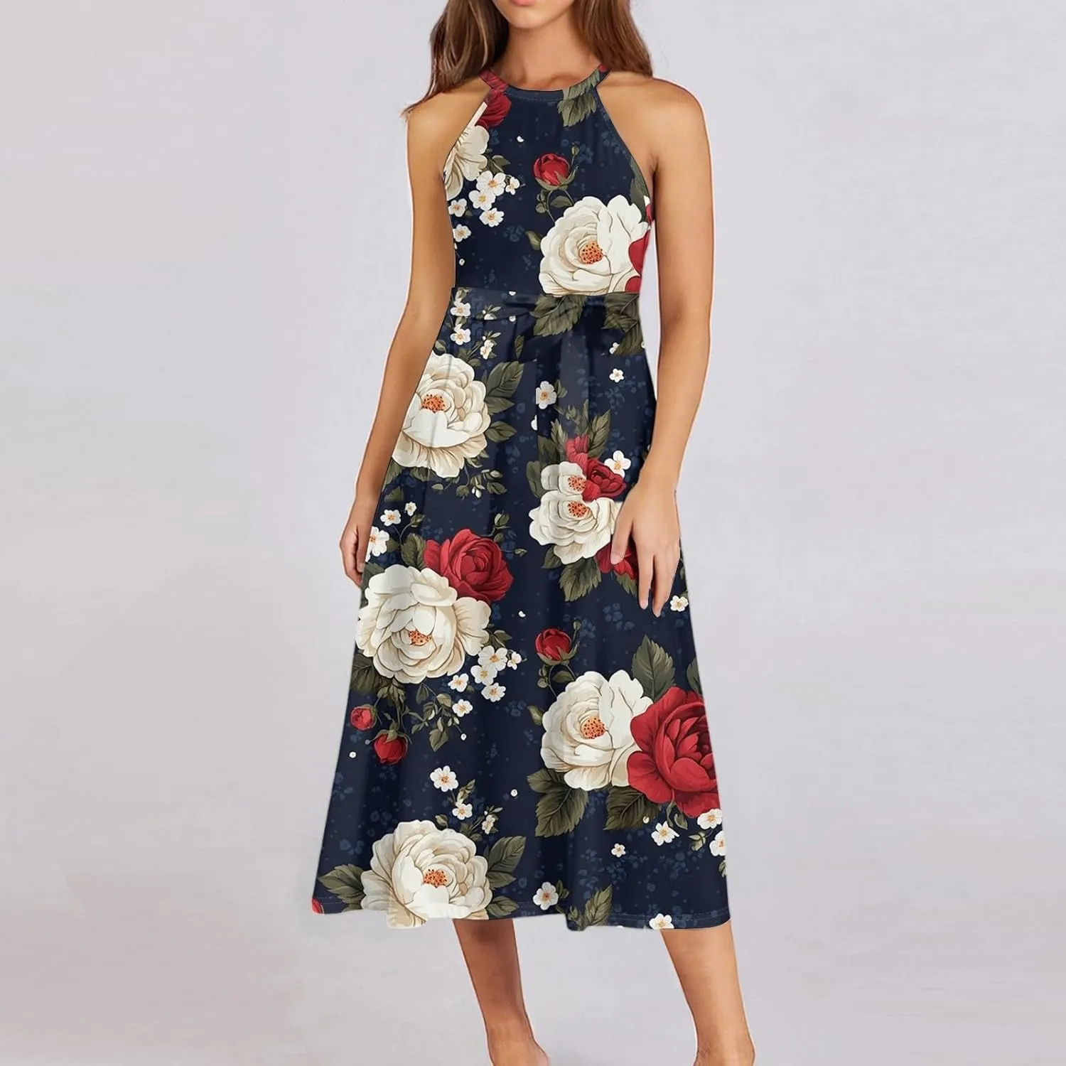 Womens Midi Halter Floral Dresses Casual Summer Tie Empire Waist Sleeveless Frocks Flowy A Line Sundress