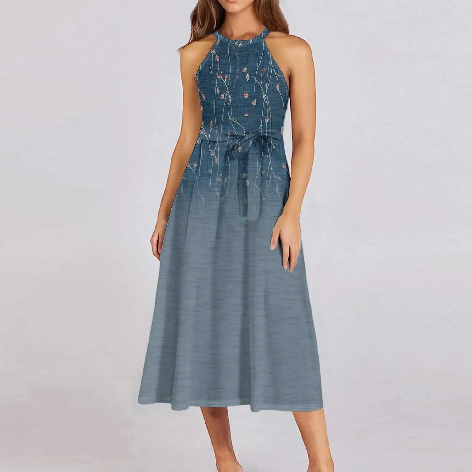 Womens Midi Halter Floral Dresses Casual Summer Tie Empire Waist Sleeveless Frocks Flowy A Line Sundress