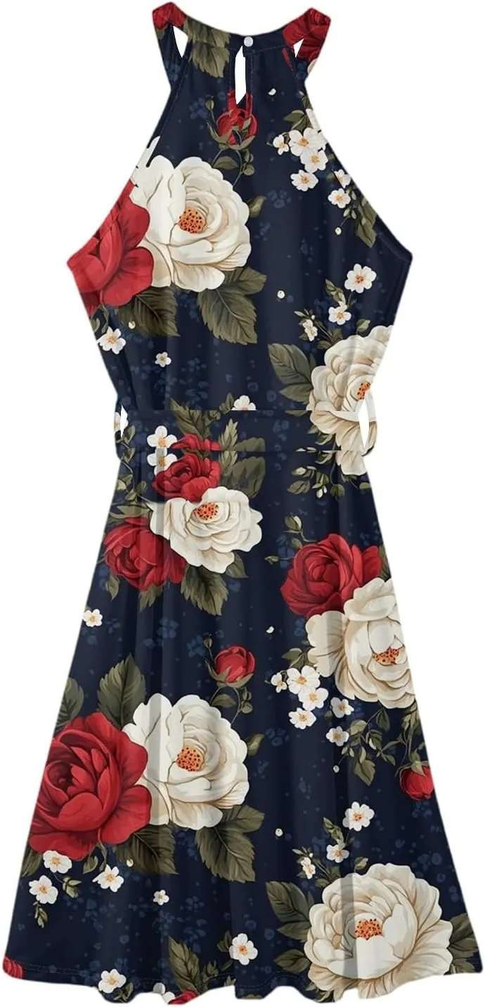 Womens Midi Halter Floral Dresses Casual Summer Tie Empire Waist Sleeveless Frocks Flowy A Line Sundress