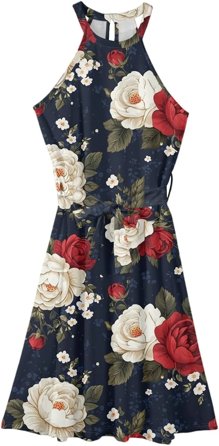 Womens Midi Halter Floral Dresses Casual Summer Tie Empire Waist Sleeveless Frocks Flowy A Line Sundress