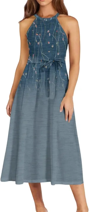 Womens Midi Halter Floral Dresses Casual Summer Tie Empire Waist Sleeveless Frocks Flowy A Line Sundress