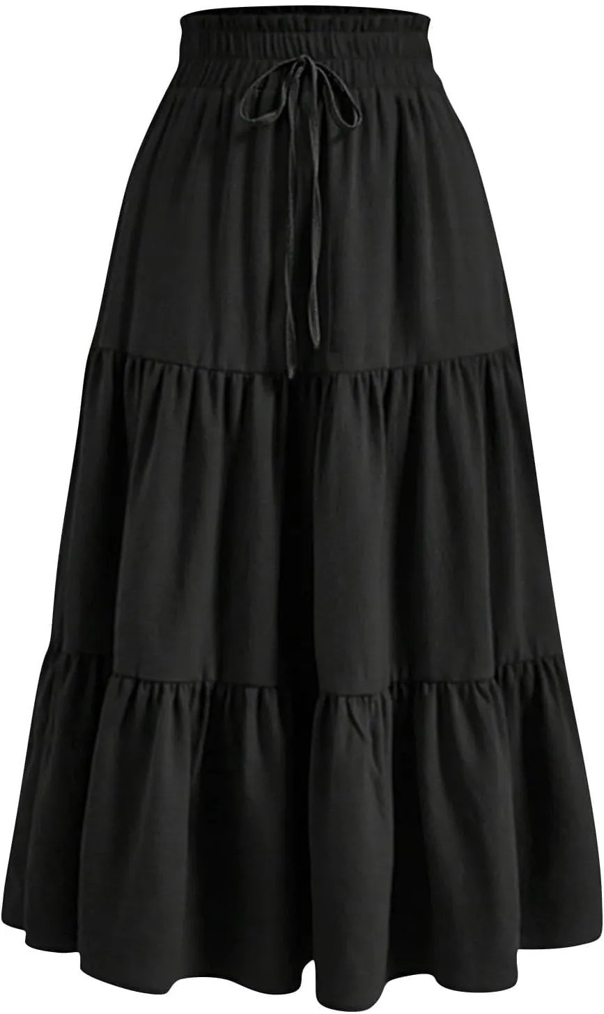 Womens Midi Skirts Elastic High Waist A-Line Swing Skirts Long Ruffle Tiered Hem Maxi Skirt