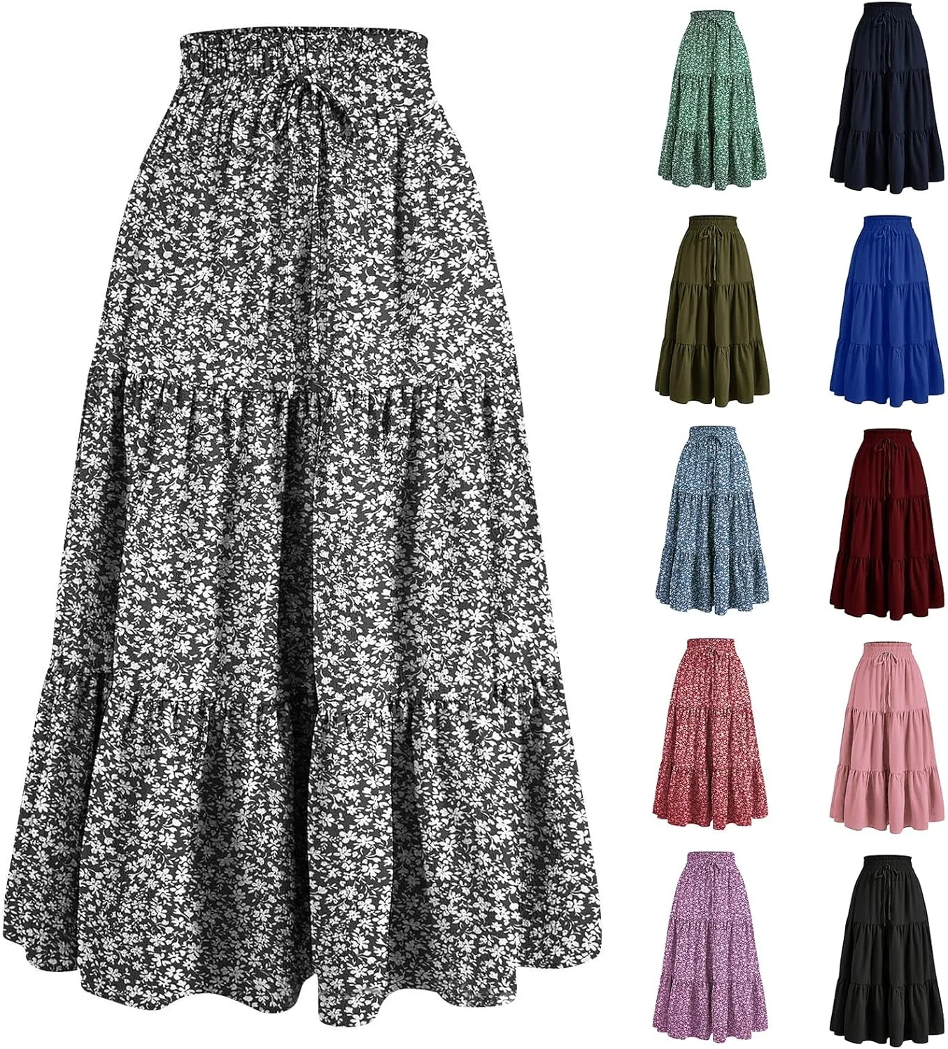 Womens Midi Skirts Elastic High Waist A-Line Swing Skirts Long Ruffle Tiered Hem Maxi Skirt