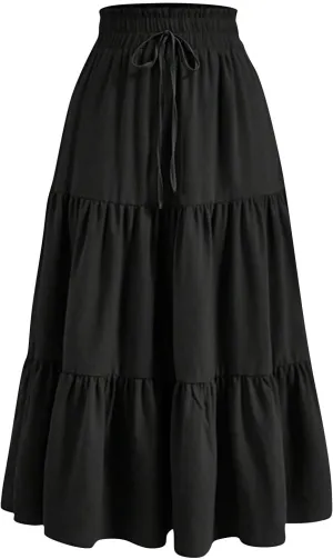Womens Midi Skirts Elastic High Waist A-Line Swing Skirts Long Ruffle Tiered Hem Maxi Skirt