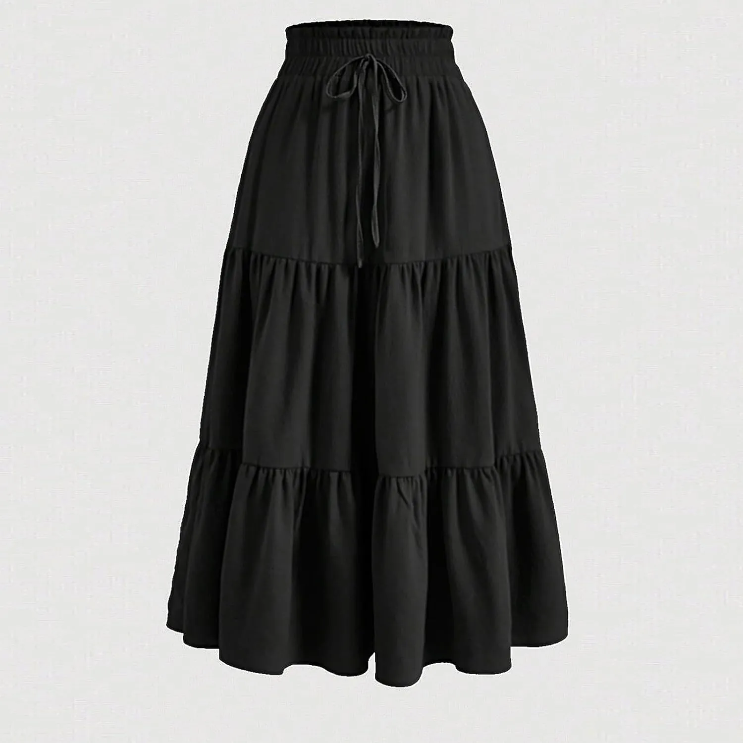 Womens Midi Skirts Elastic High Waist A-Line Swing Skirts Long Ruffle Tiered Hem Maxi Skirt