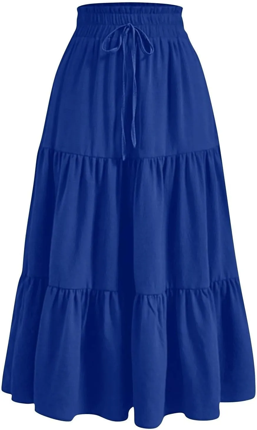 Womens Midi Skirts Elastic High Waist A-Line Swing Skirts Long Ruffle Tiered Hem Maxi Skirt