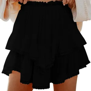 Womens Mini Skirts Double Layer Ruffle Fashion Solid Color Lace Hem Elastic Waist Skirts Swing Cute Beach Skorts