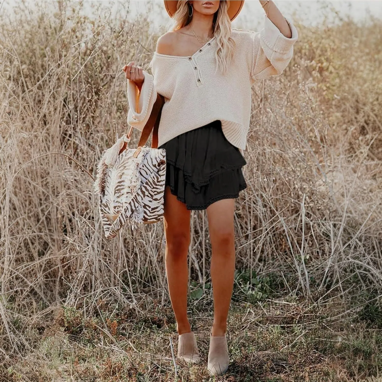 Womens Mini Skirts Double Layer Ruffle Fashion Solid Color Lace Hem Elastic Waist Skirts Swing Cute Beach Skorts