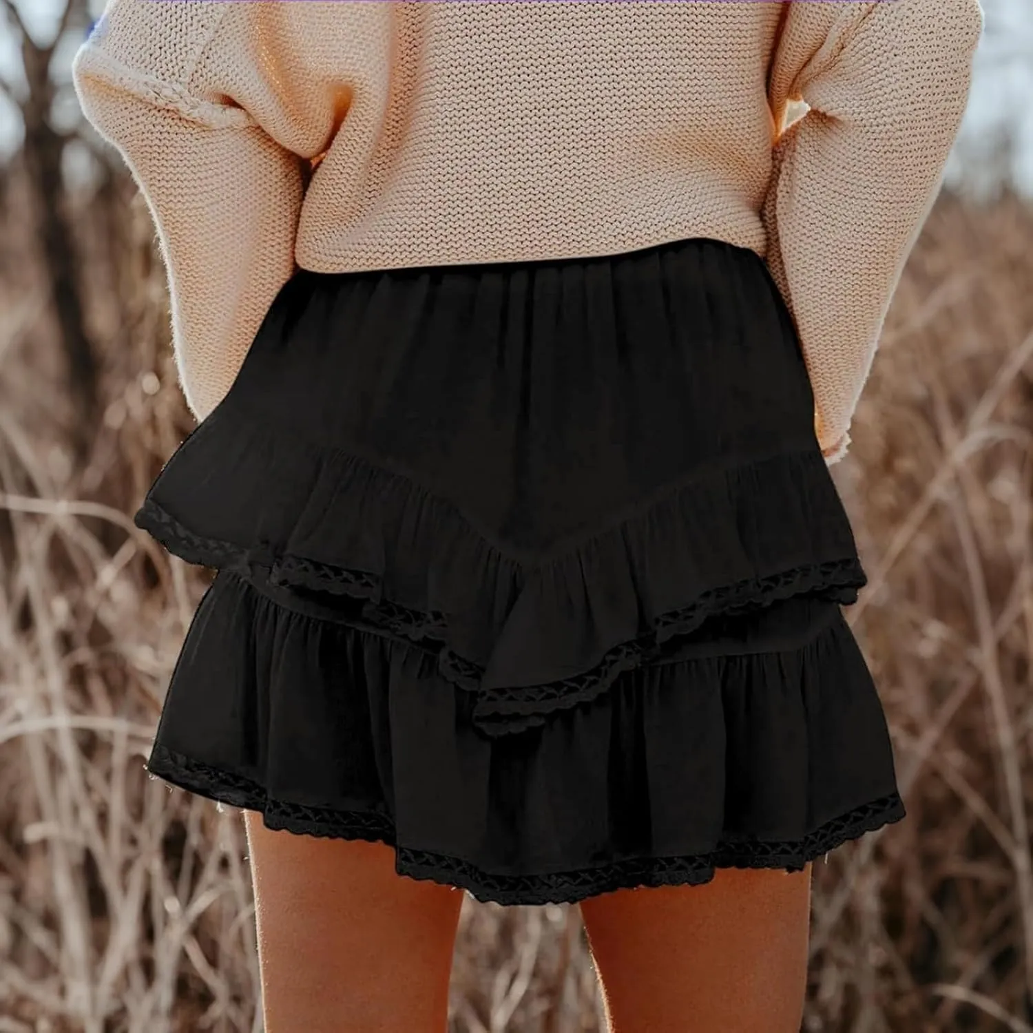 Womens Mini Skirts Double Layer Ruffle Fashion Solid Color Lace Hem Elastic Waist Skirts Swing Cute Beach Skorts