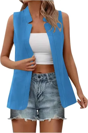 Women's Open Front Sleeveless Casual Solid Vest Blazer Lightweight Jackets Lightweight Collar Vest Work Office Jacket