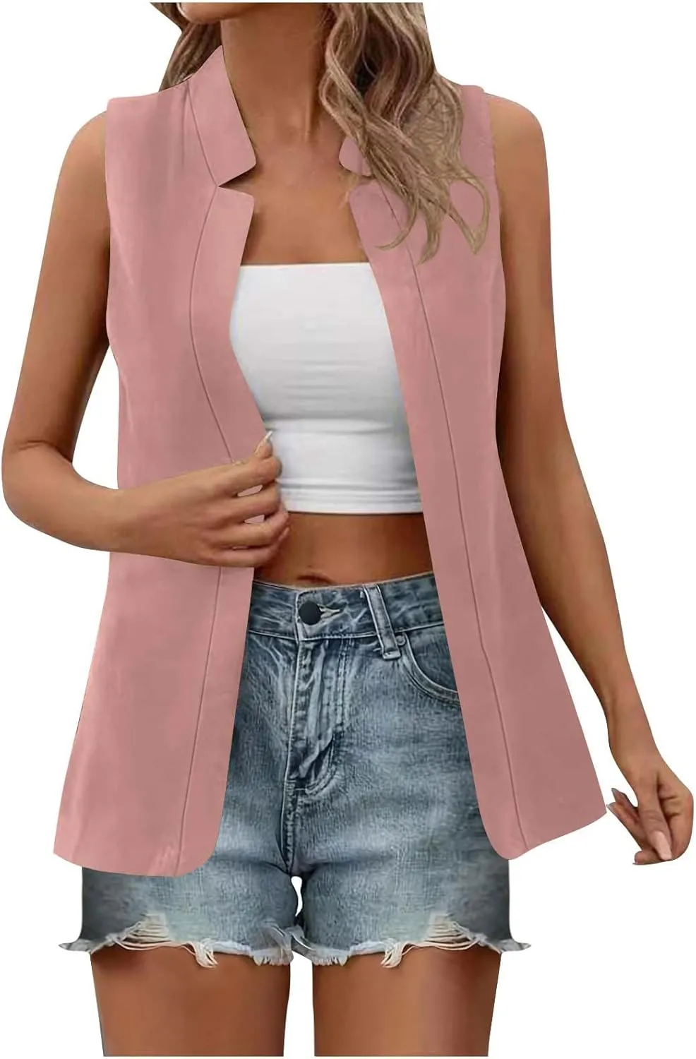 Women's Open Front Sleeveless Casual Solid Vest Blazer Lightweight Jackets Lightweight Collar Vest Work Office Jacket