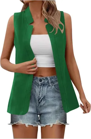 Women's Open Front Sleeveless Casual Solid Vest Blazer Lightweight Jackets Lightweight Collar Vest Work Office Jacket