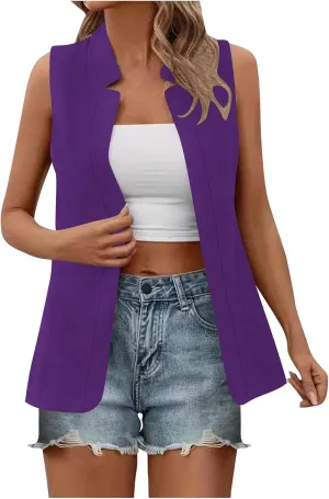 Women's Open Front Sleeveless Casual Solid Vest Blazer Lightweight Jackets Lightweight Collar Vest Work Office Jacket