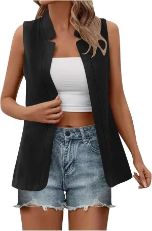 Women's Open Front Sleeveless Casual Solid Vest Blazer Lightweight Jackets Lightweight Collar Vest Work Office Jacket