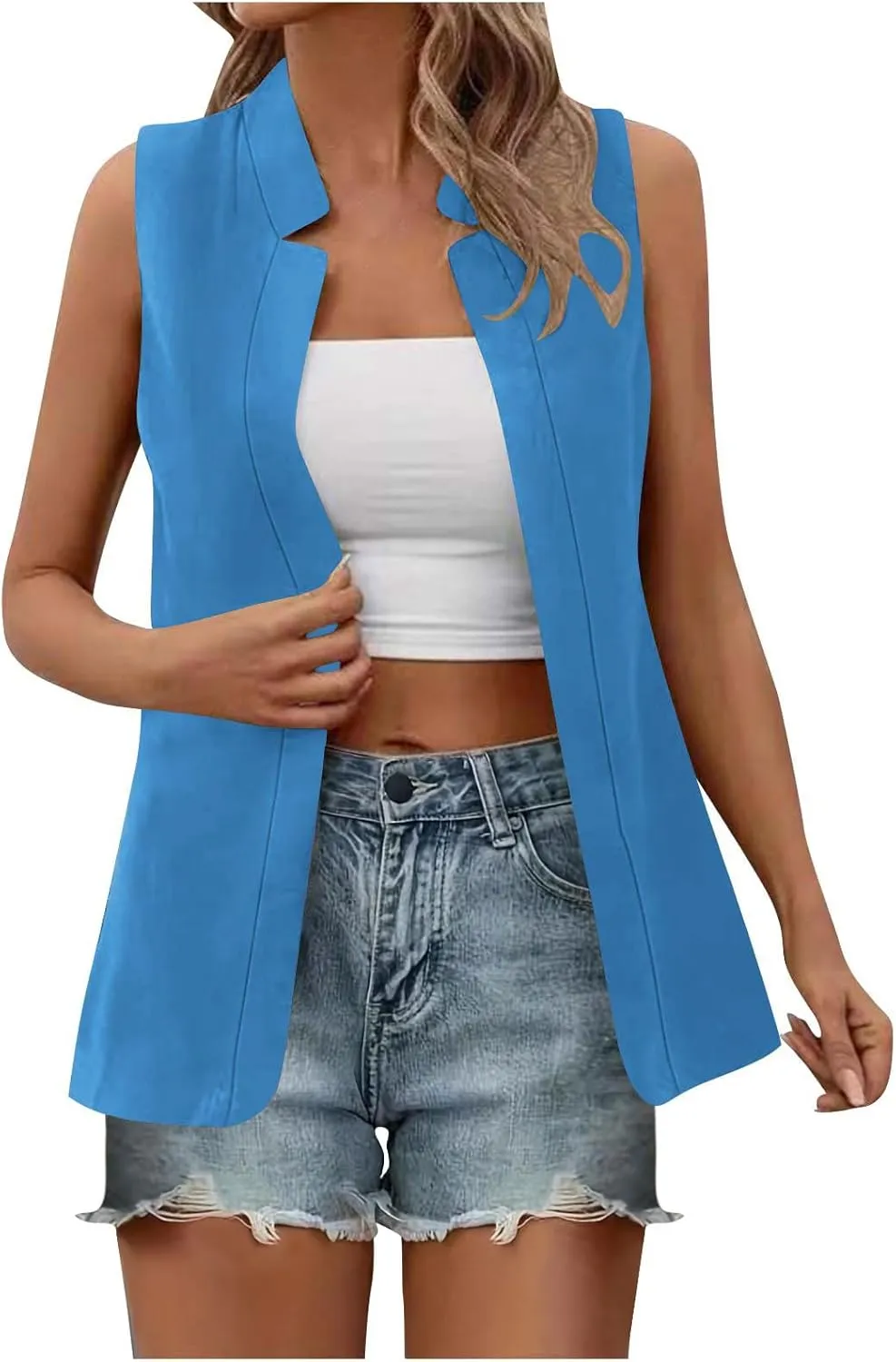 Women's Open Front Sleeveless Casual Solid Vest Blazer Lightweight Jackets Lightweight Collar Vest Work Office Jacket