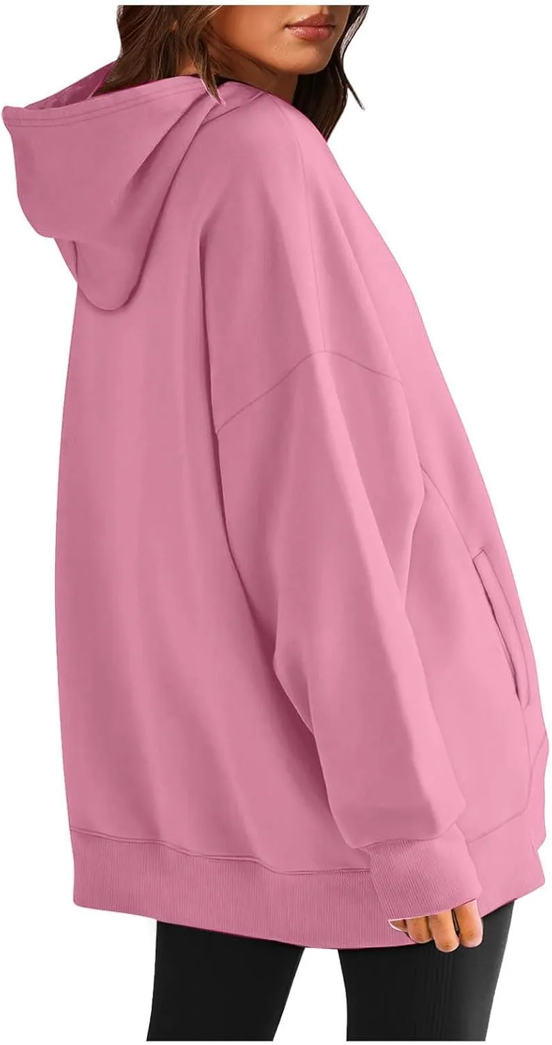Womens Oversized Hoodie Sweatshirt Solid Color Drawstring Pullover Tops Casual Loose Fleece Comfy Sweater Blouses