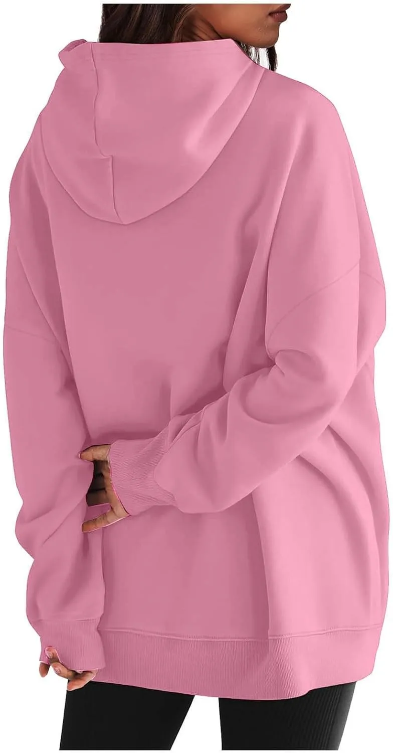 Womens Oversized Hoodie Sweatshirt Solid Color Drawstring Pullover Tops Casual Loose Fleece Comfy Sweater Blouses