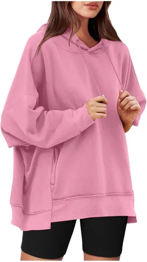 Womens Oversized Hoodie Sweatshirt Solid Color Drawstring Pullover Tops Casual Loose Fleece Comfy Sweater Blouses