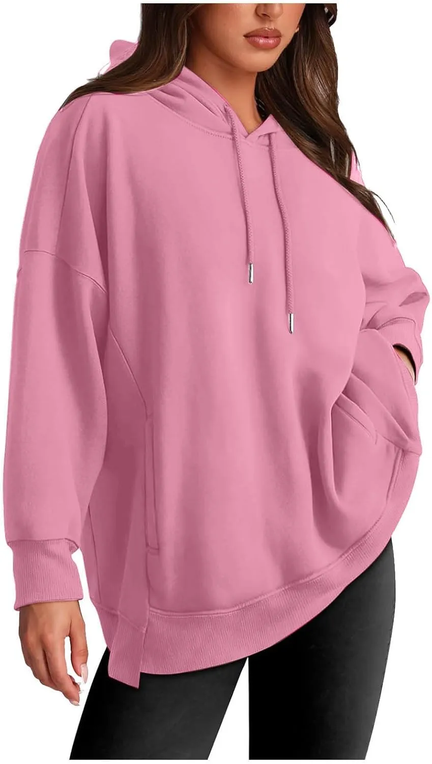 Womens Oversized Hoodie Sweatshirt Solid Color Drawstring Pullover Tops Casual Loose Fleece Comfy Sweater Blouses