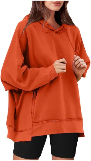 Womens Oversized Hoodie Sweatshirt Solid Color Drawstring Pullover Tops Casual Loose Fleece Comfy Sweater Blouses