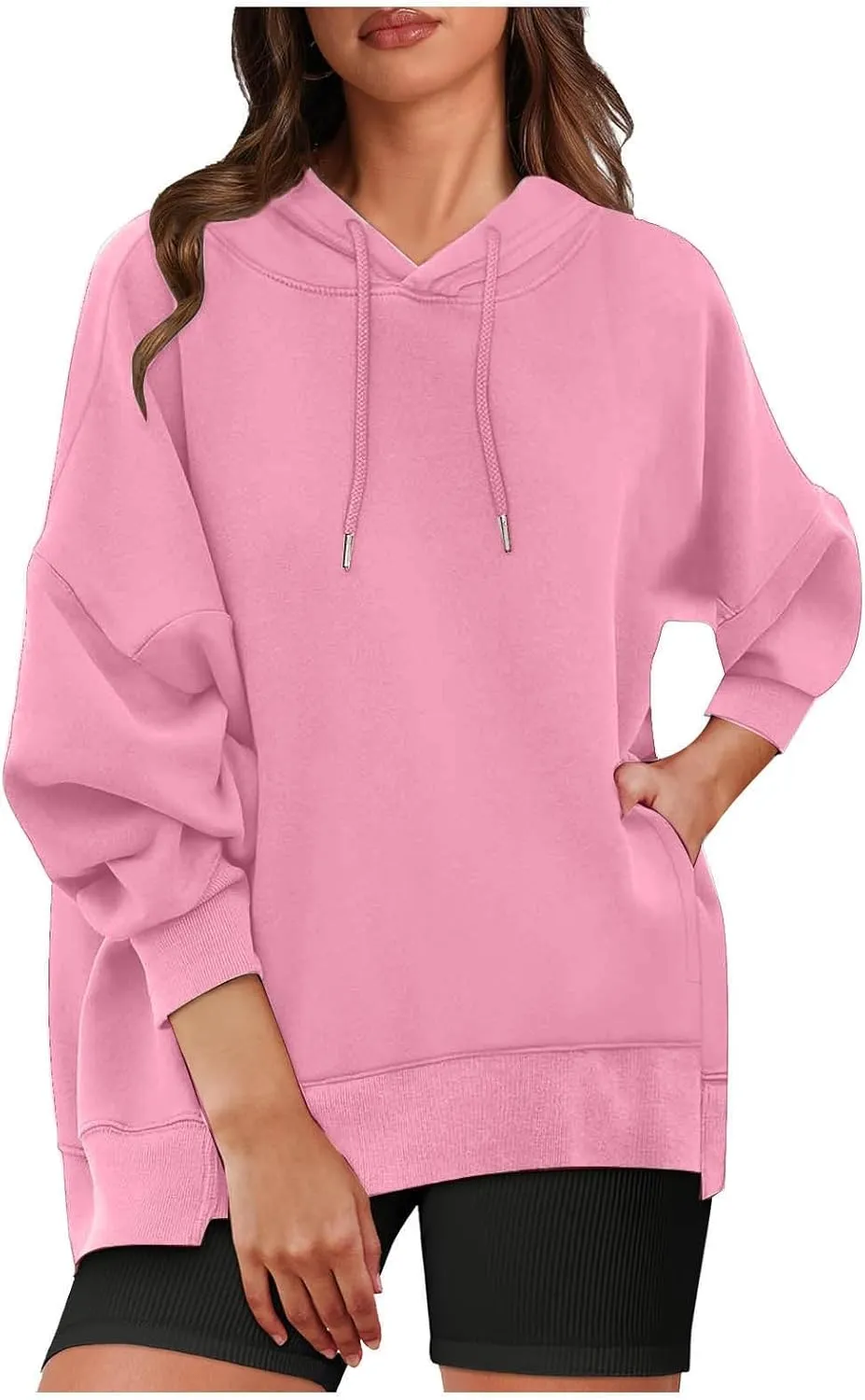 Womens Oversized Hoodie Sweatshirt Solid Color Drawstring Pullover Tops Casual Loose Fleece Comfy Sweater Blouses
