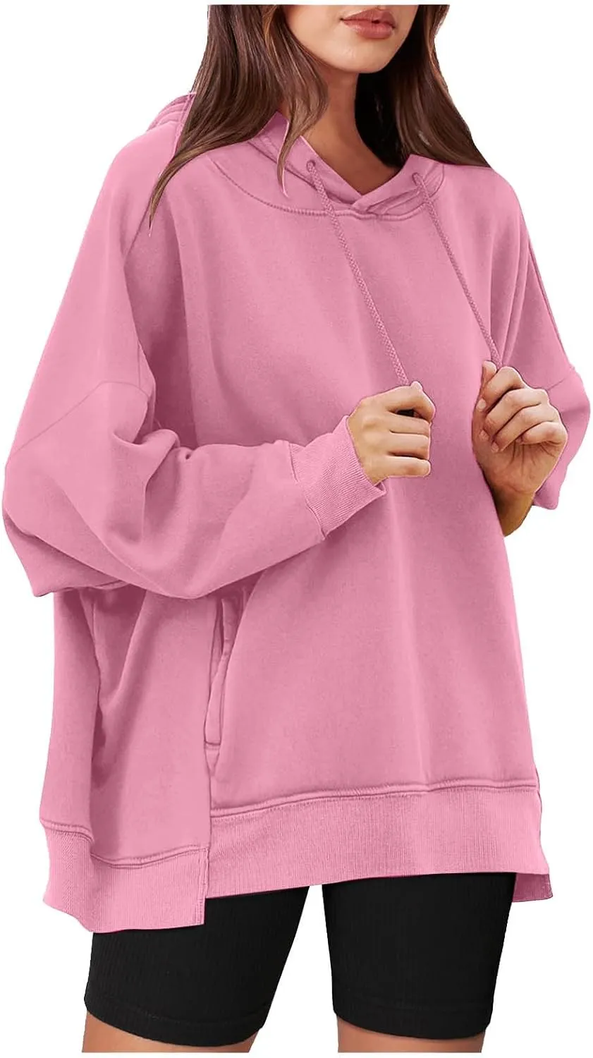 Womens Oversized Hoodie Sweatshirt Solid Color Drawstring Pullover Tops Casual Loose Fleece Comfy Sweater Blouses