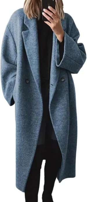 Women's Oversized Wool Blend Coat Lightweight Notched Collar Button Down Lapel Long Trench Coat Business Pea Coat