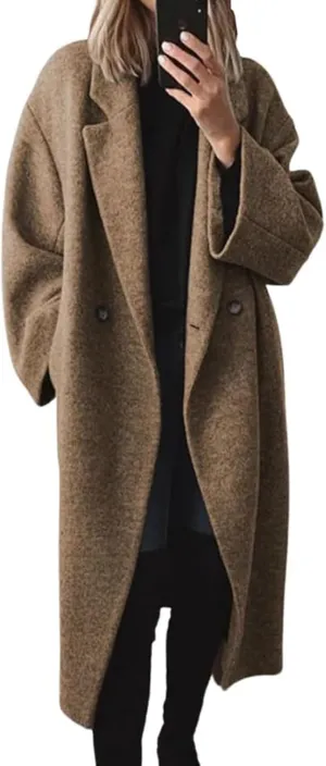 Women's Oversized Wool Blend Coat Lightweight Notched Collar Button Down Lapel Long Trench Coat Business Pea Coat