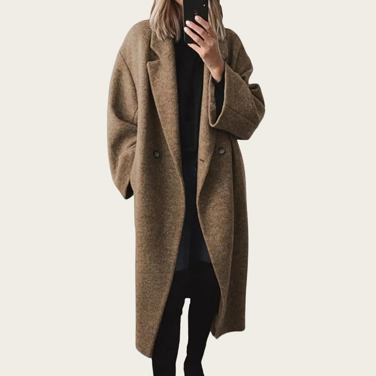 Women's Oversized Wool Blend Coat Lightweight Notched Collar Button Down Lapel Long Trench Coat Business Pea Coat