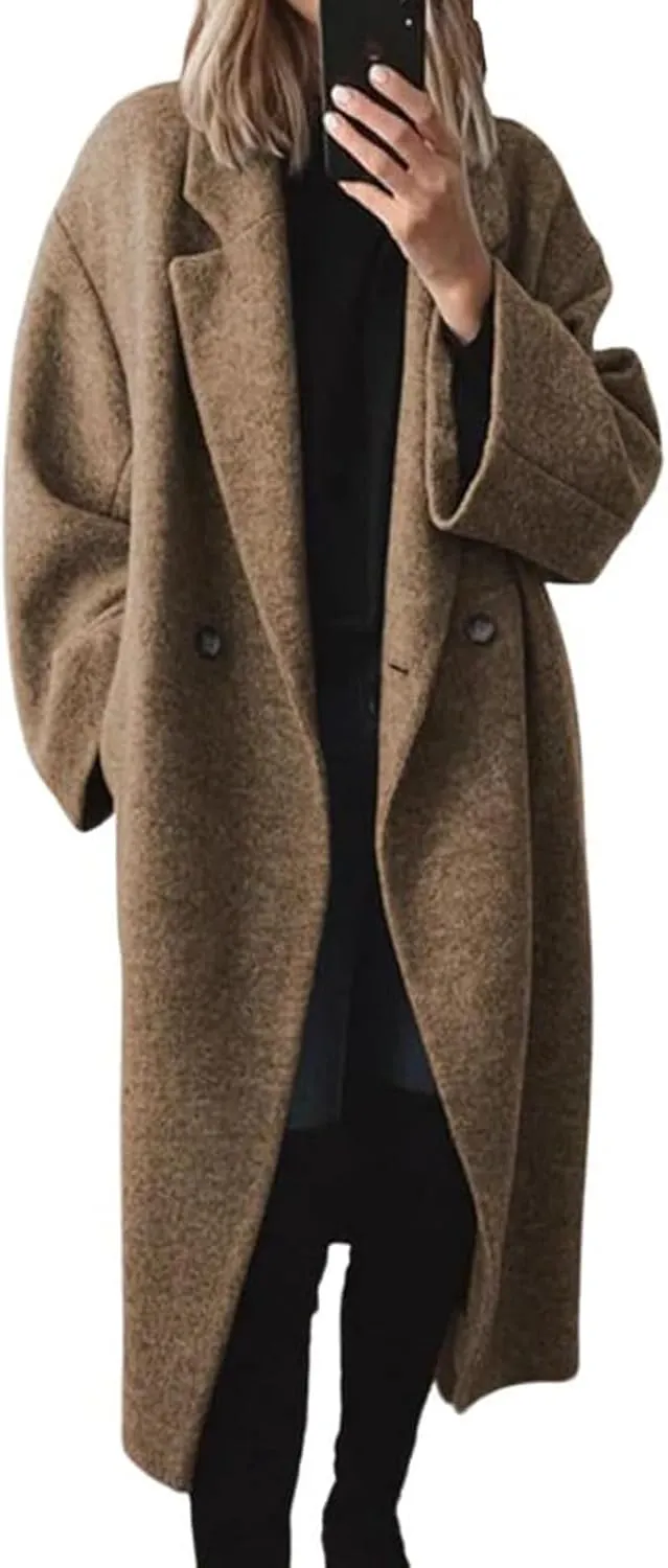 Women's Oversized Wool Blend Coat Lightweight Notched Collar Button Down Lapel Long Trench Coat Business Pea Coat