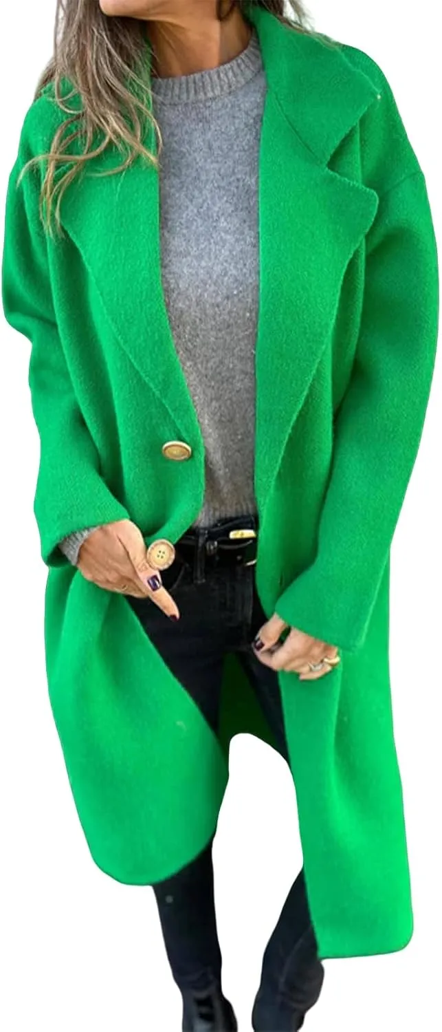 Women's Oversized Wool Blend Coat Lightweight Single Breast Midi Long Trench Coat Lapel Open Front Long Cardigan