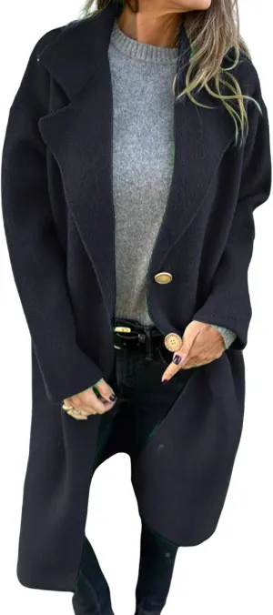Women's Oversized Wool Blend Coat Lightweight Single Breast Midi Long Trench Coat Lapel Open Front Long Cardigan
