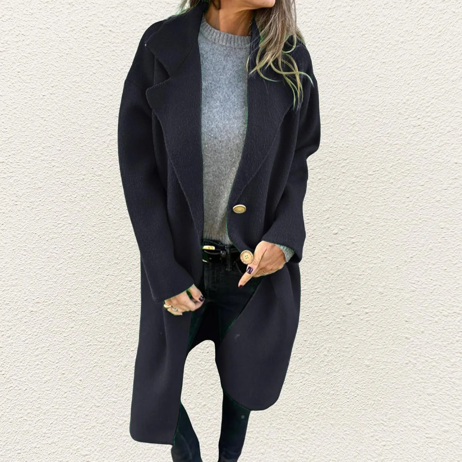 Women's Oversized Wool Blend Coat Lightweight Single Breast Midi Long Trench Coat Lapel Open Front Long Cardigan