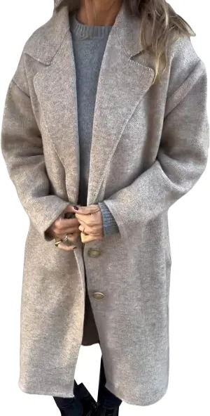 Women's Oversized Wool Blend Coat Lightweight Single Breast Midi Long Trench Coat Lapel Open Front Long Cardigan