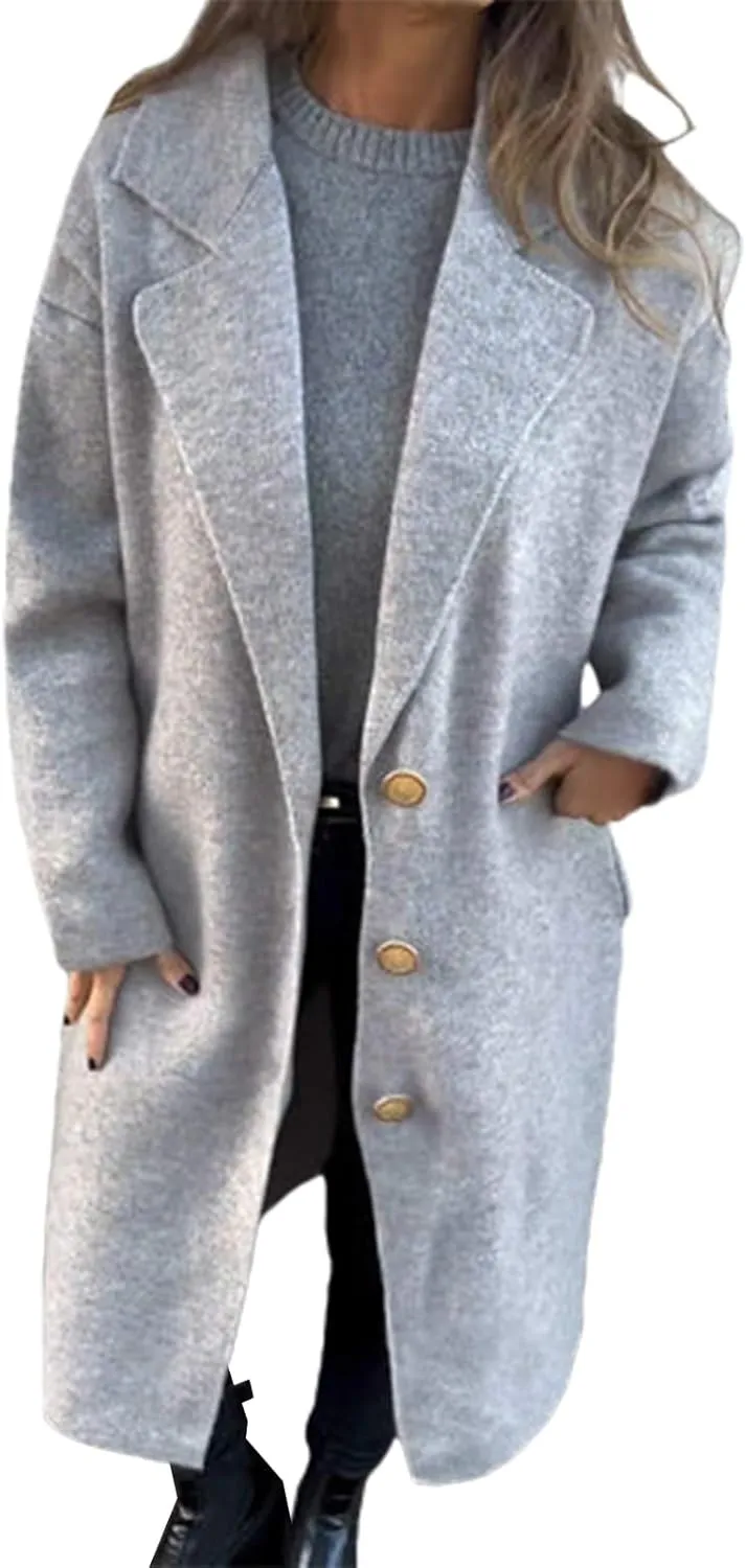 Women's Oversized Wool Blend Coat Lightweight Single Breast Midi Long Trench Coat Lapel Open Front Long Cardigan