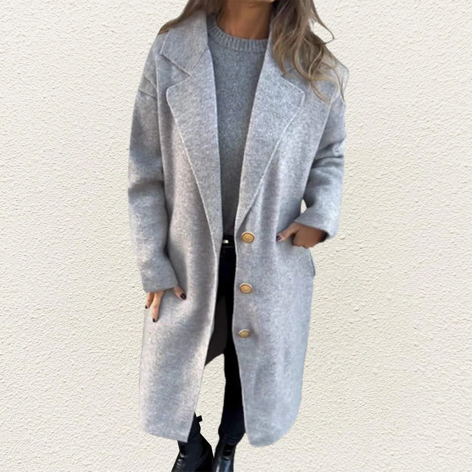 Women's Oversized Wool Blend Coat Lightweight Single Breast Midi Long Trench Coat Lapel Open Front Long Cardigan