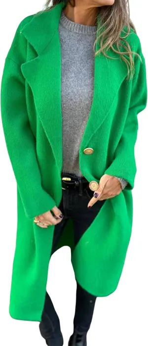 Women's Oversized Wool Blend Coat Lightweight Single Breast Midi Long Trench Coat Lapel Open Front Long Cardigan