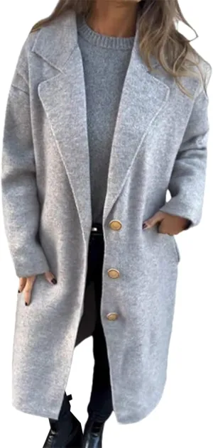 Women's Oversized Wool Blend Coat Lightweight Single Breast Midi Long Trench Coat Lapel Open Front Long Cardigan