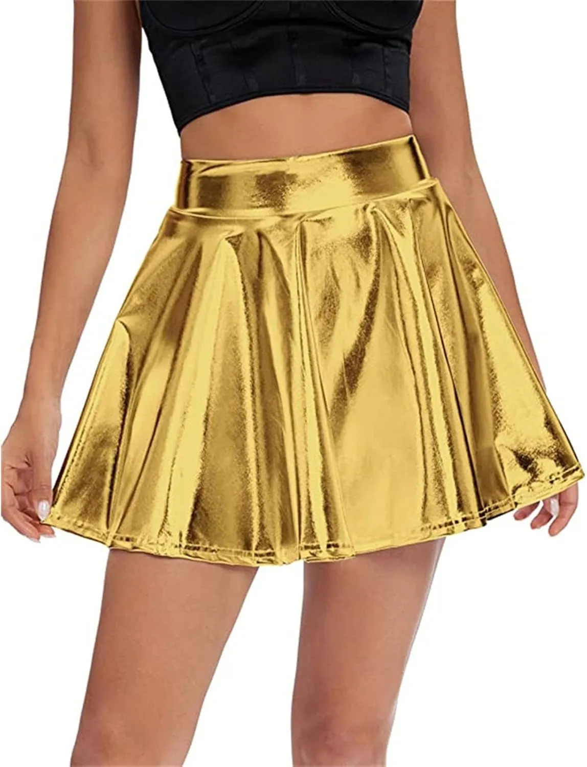 Womens Pleated Glitter Skirts Shiny Mini Summer Trendy High Waisted Flared Cute Women's Skirts Casual Spring