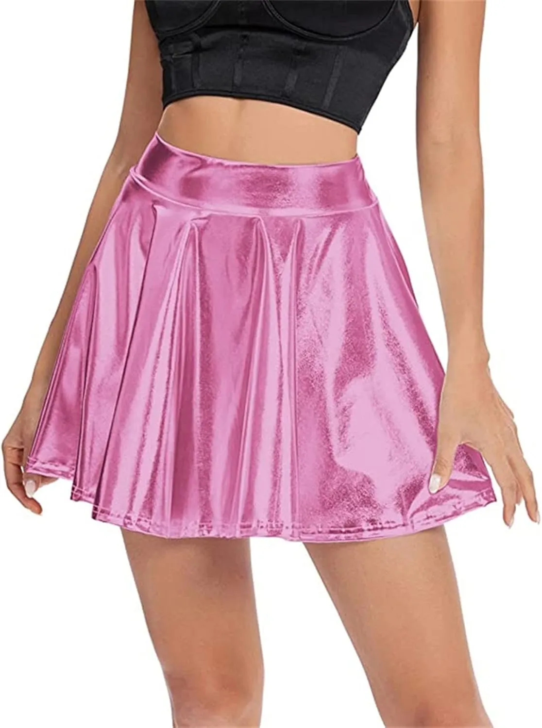 Womens Pleated Glitter Skirts Shiny Mini Summer Trendy High Waisted Flared Cute Women's Skirts Casual Spring