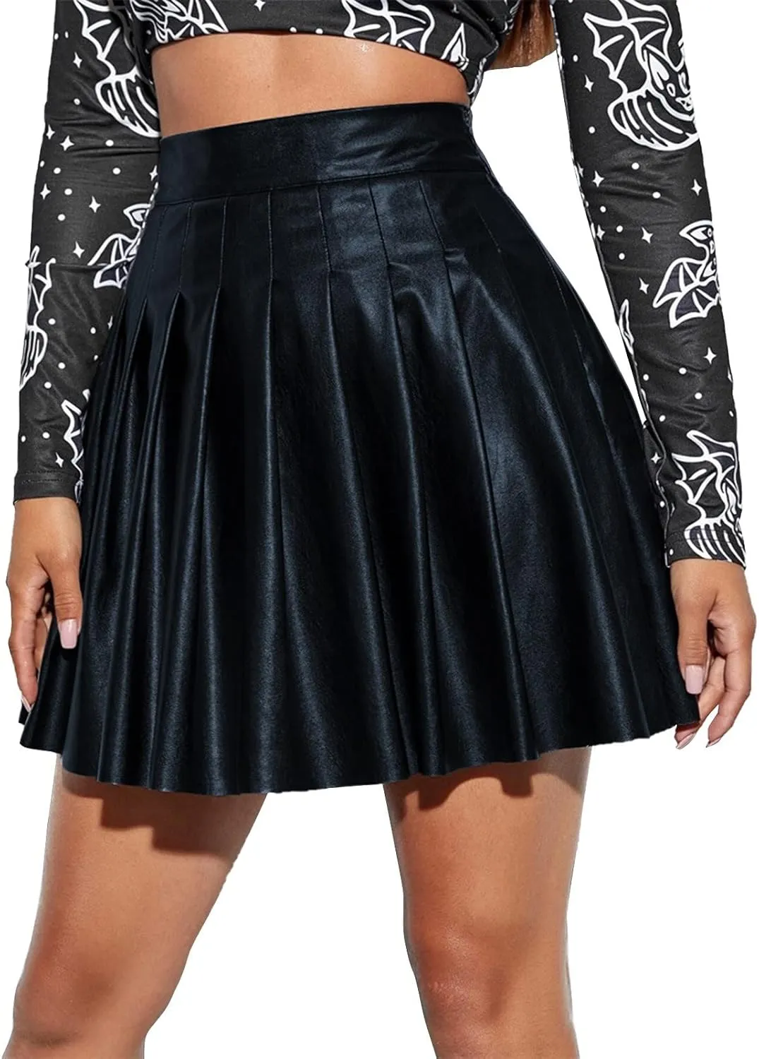 Womens Pleated Mini Skirts Women Fashion Pleated Skirt Waist High Leather Skirt Short Elegant Solid Skirt Women