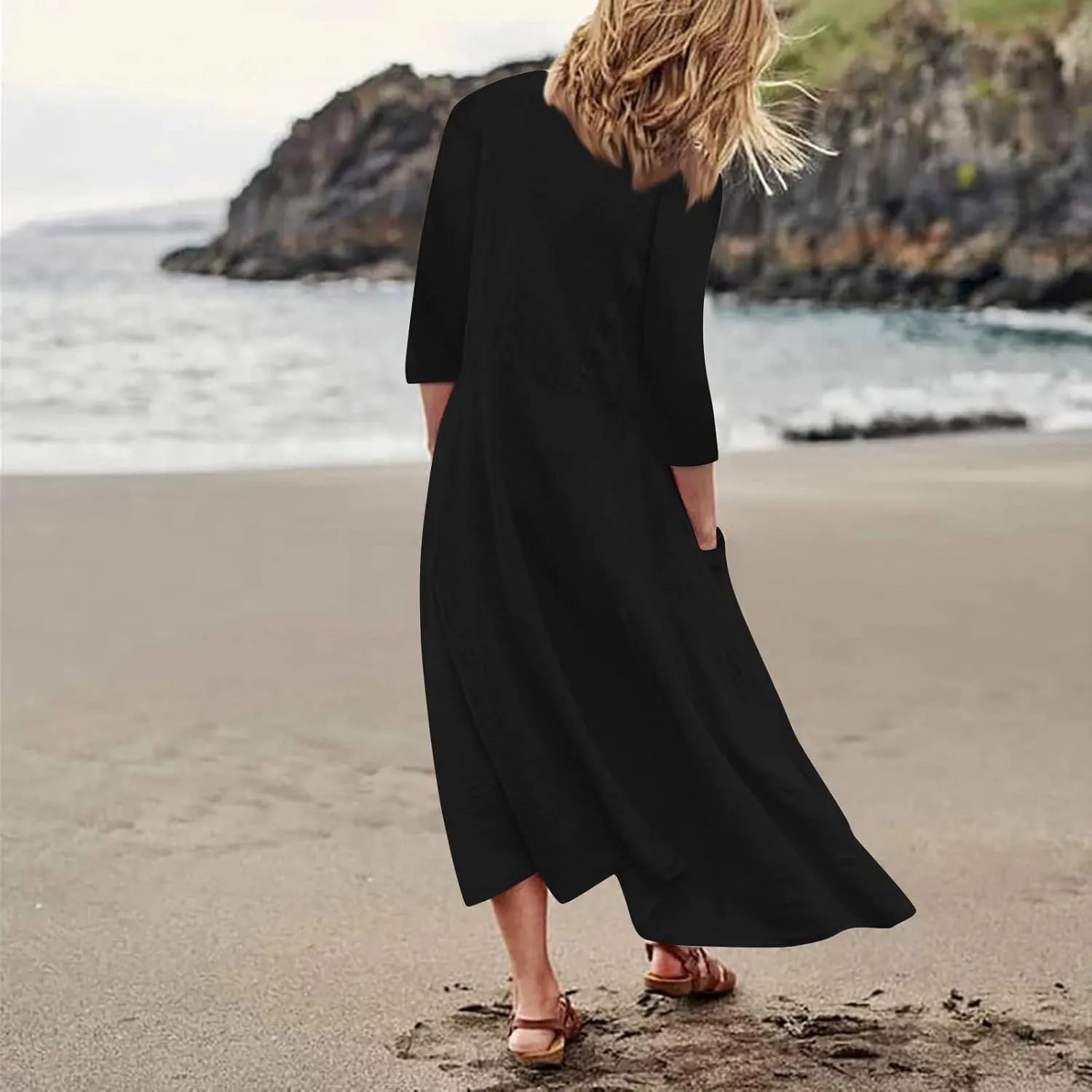 Womens Plus Size 3/4 Long Sleeve Dresses Flowy Pleated Textured Dress Casual Loose Round Neck Dresses with Pockets