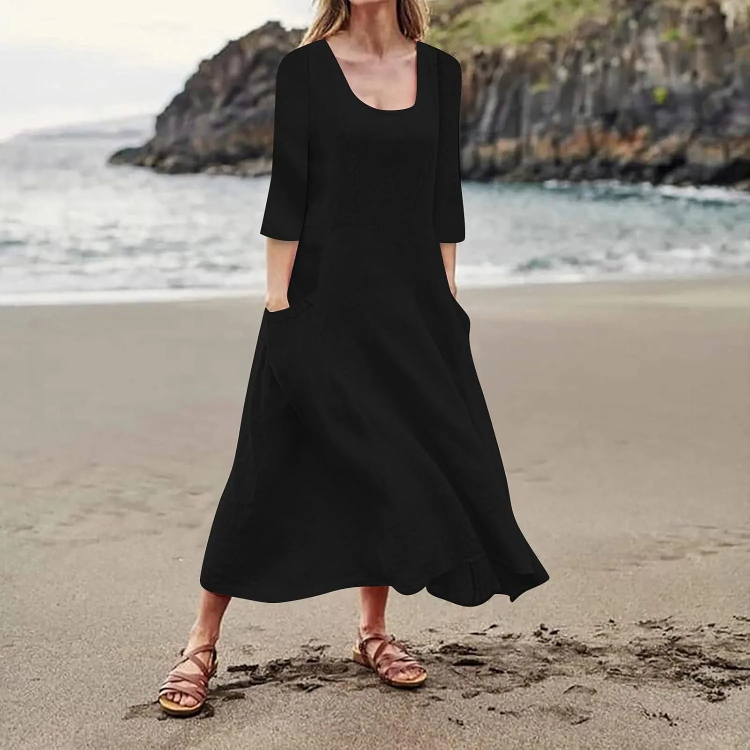 Womens Plus Size 3/4 Long Sleeve Dresses Flowy Pleated Textured Dress Casual Loose Round Neck Dresses with Pockets