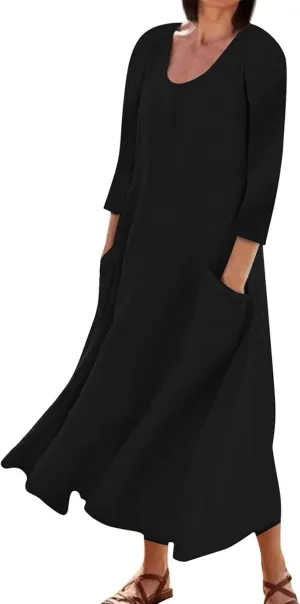 Womens Plus Size 3/4 Long Sleeve Dresses Flowy Pleated Textured Dress Casual Loose Round Neck Dresses with Pockets