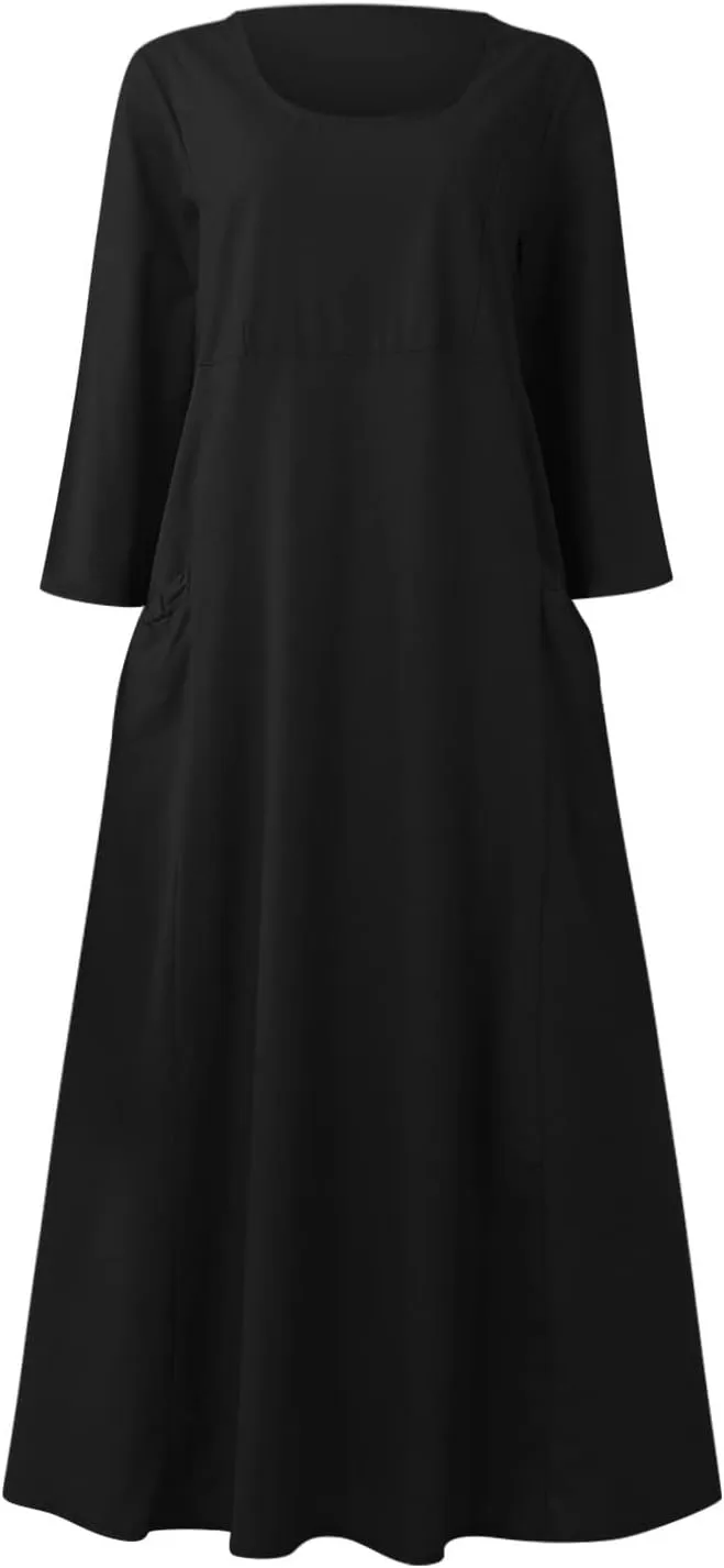 Womens Plus Size 3/4 Long Sleeve Dresses Flowy Pleated Textured Dress Casual Loose Round Neck Dresses with Pockets