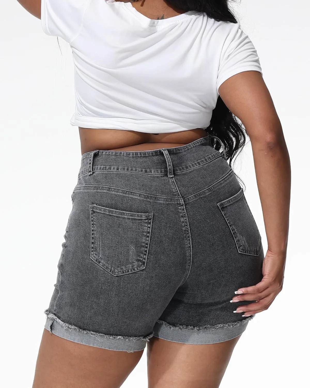 Womens Plus Size Jean Shorts High Waisted Stretchy Ripped Frayed Folded Hem Denim Shorts
